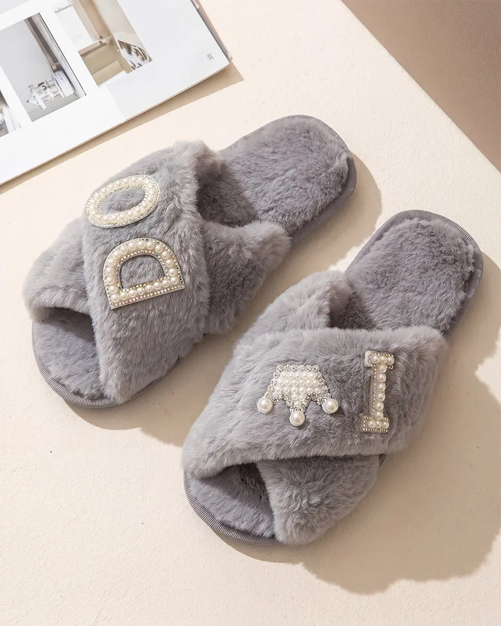 Pearl Crown & Letter Embellished Bride Slippers OMFORT
