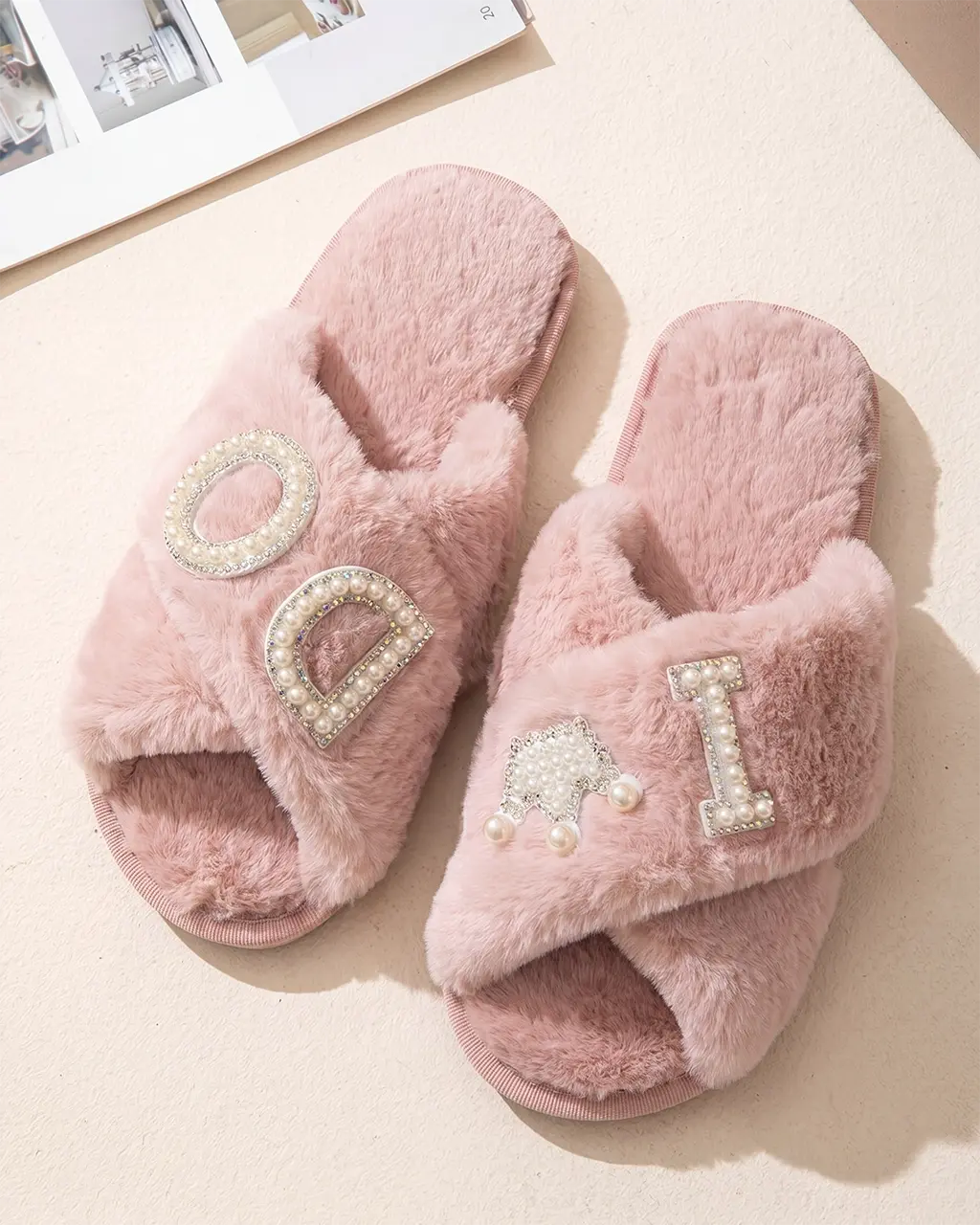 Pearl Crown & Letter Embellished Bride Slippers OMFORT