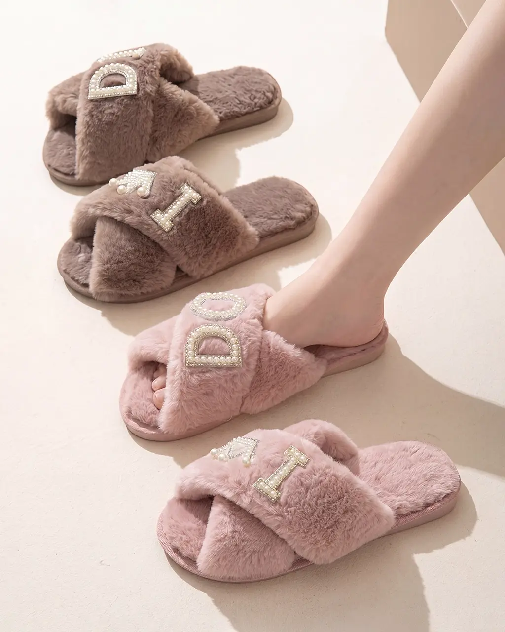 Pearl Crown & Letter Embellished Bride Slippers OMFORT
