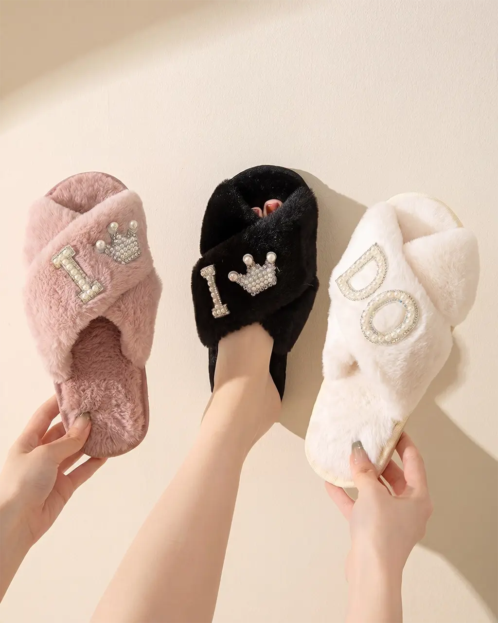 Pearl Crown & Letter Embellished Bride Slippers OMFORT