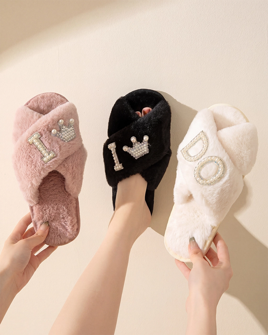 Pearl Crown & Letter Embellished Bride Slippers OMFORT