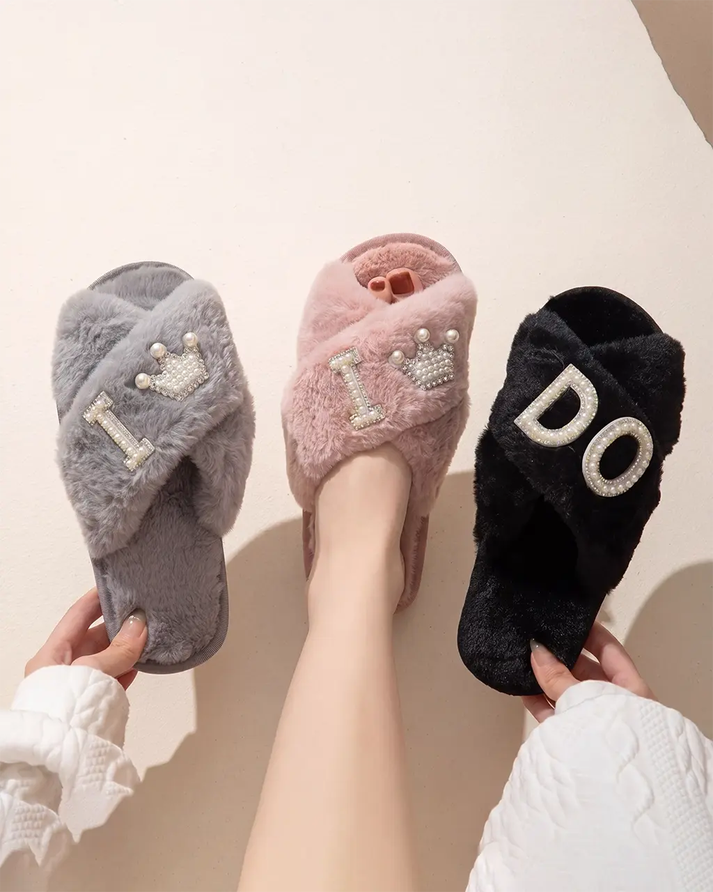 Pearl Crown & Letter Embellished Bride Slippers OMFORT
