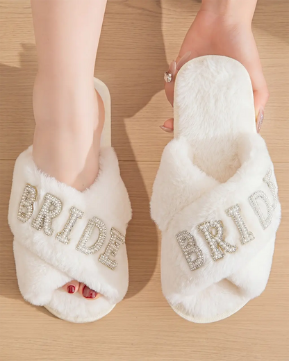 Luxury Bride Pearl Fuzzy Slide Slippers OMFORT