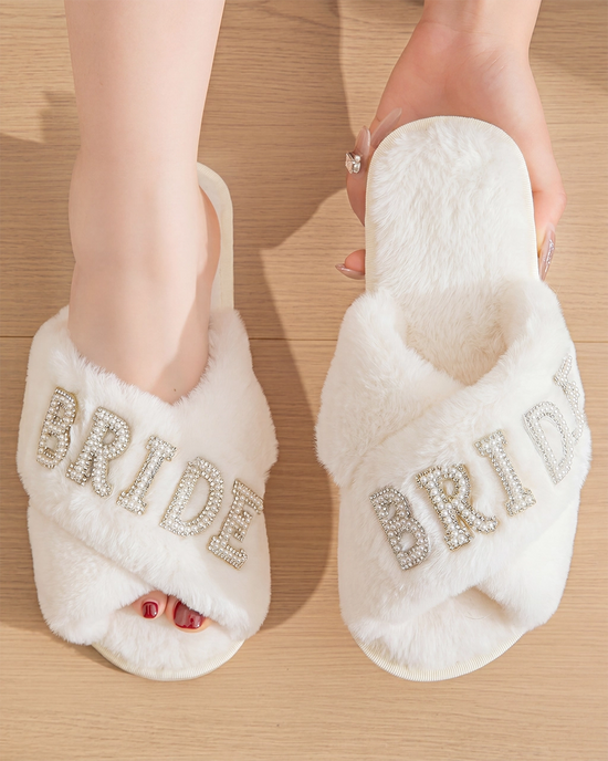 Luxury Bride Pearl Fuzzy Slide Slippers OMFORT