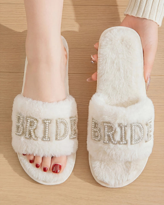 Bride Letter Embellished Fuzzy Wedding Slippers OMFORT
