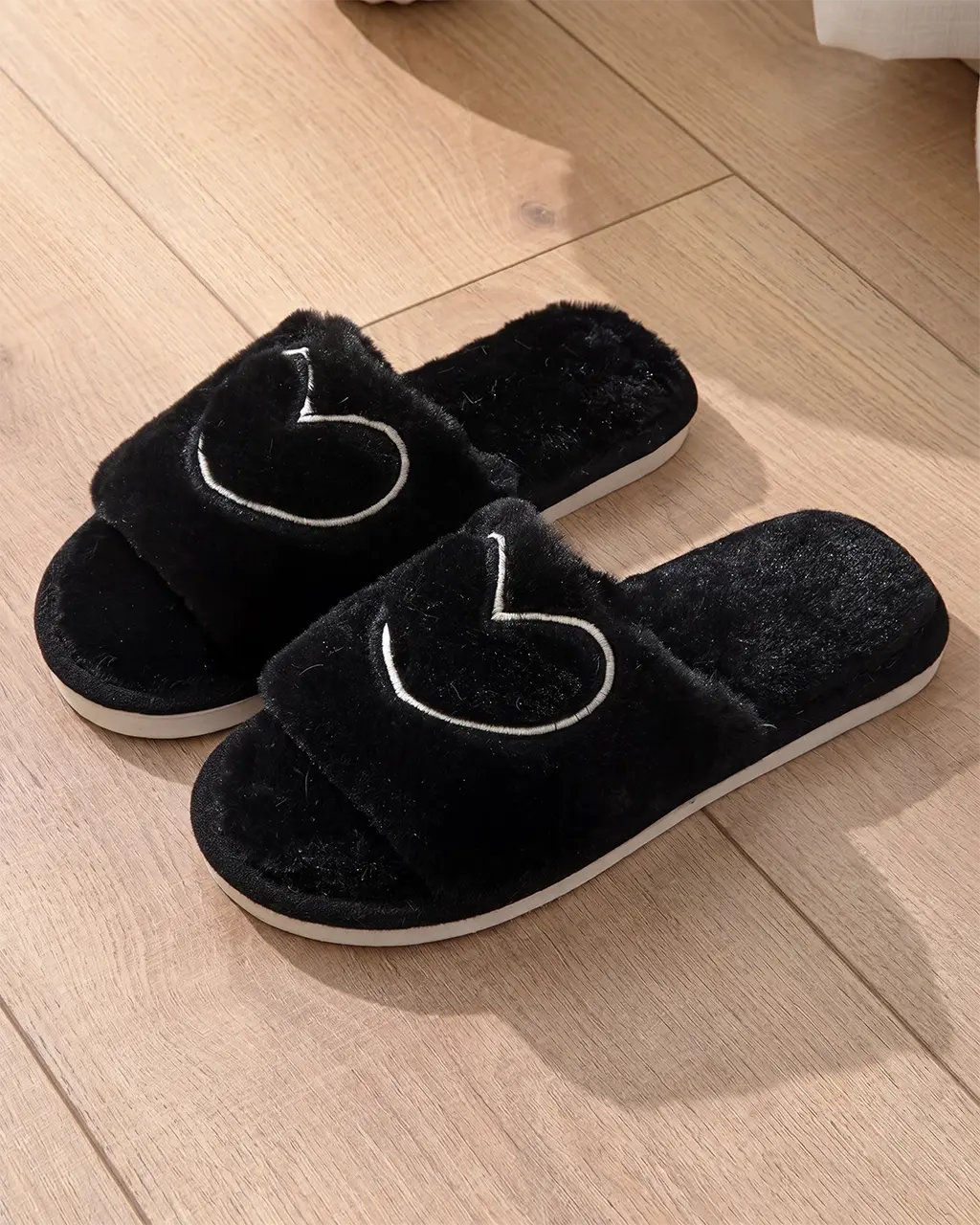 Heart Outline Embroidered Fuzzy Indoor Slippers OMFORT