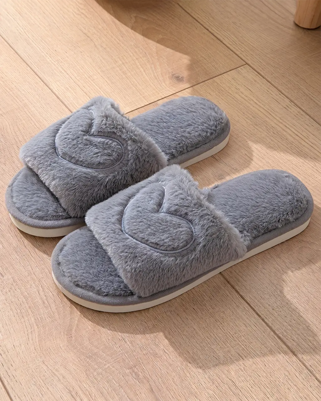 Heart Outline Embroidered Fuzzy Indoor Slippers OMFORT