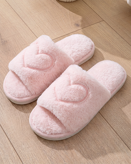 Heart Outline Embroidered Fuzzy Indoor Slippers OMFORT