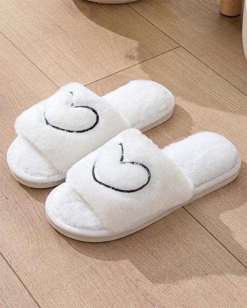 Heart Outline Embroidered Fuzzy Indoor Slippers OMFORT