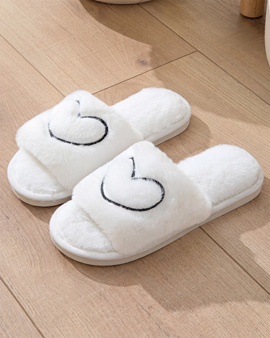 Heart Outline Embroidered Fuzzy Indoor Slippers OMFORT