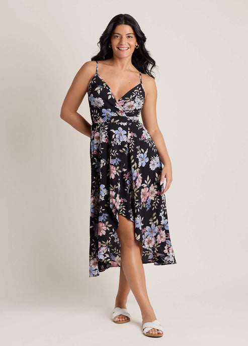 Spring Blossoms Wrap Dress - Black Mauve Floral OMFORT