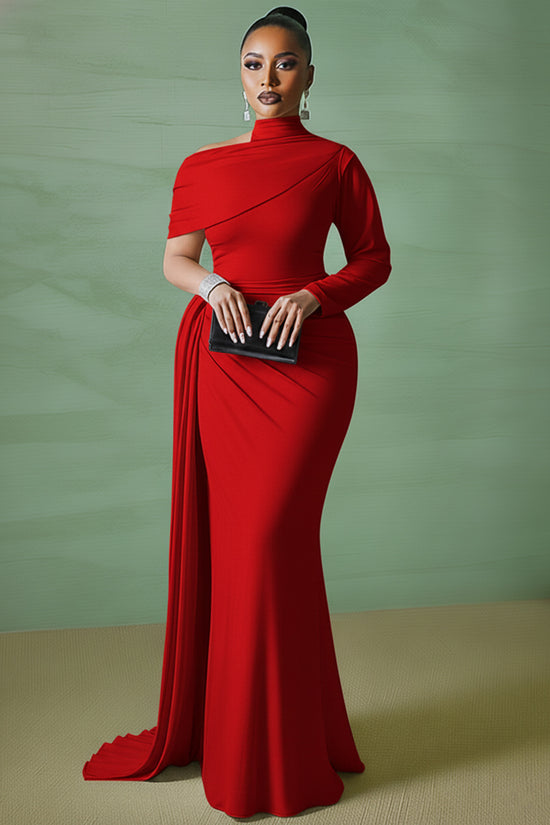 Asymmetric Mock Neck Long Sleeve Sash Party Maxi Dresses-White mysite