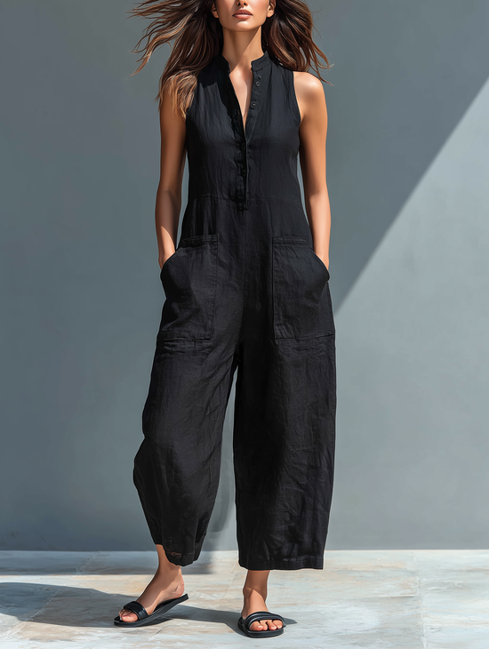 Women's Minimalist Linen Blend Button-up Stand-collar Sleeveless Loose Jumpsuit MDZ2725A5Y mysite