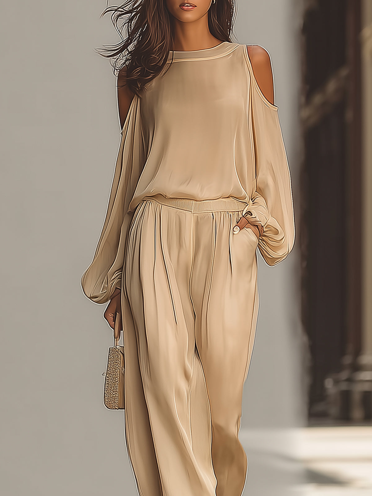 Off-the-shoulder Lantern Sleeve Satin Wide-leg Suit omfort