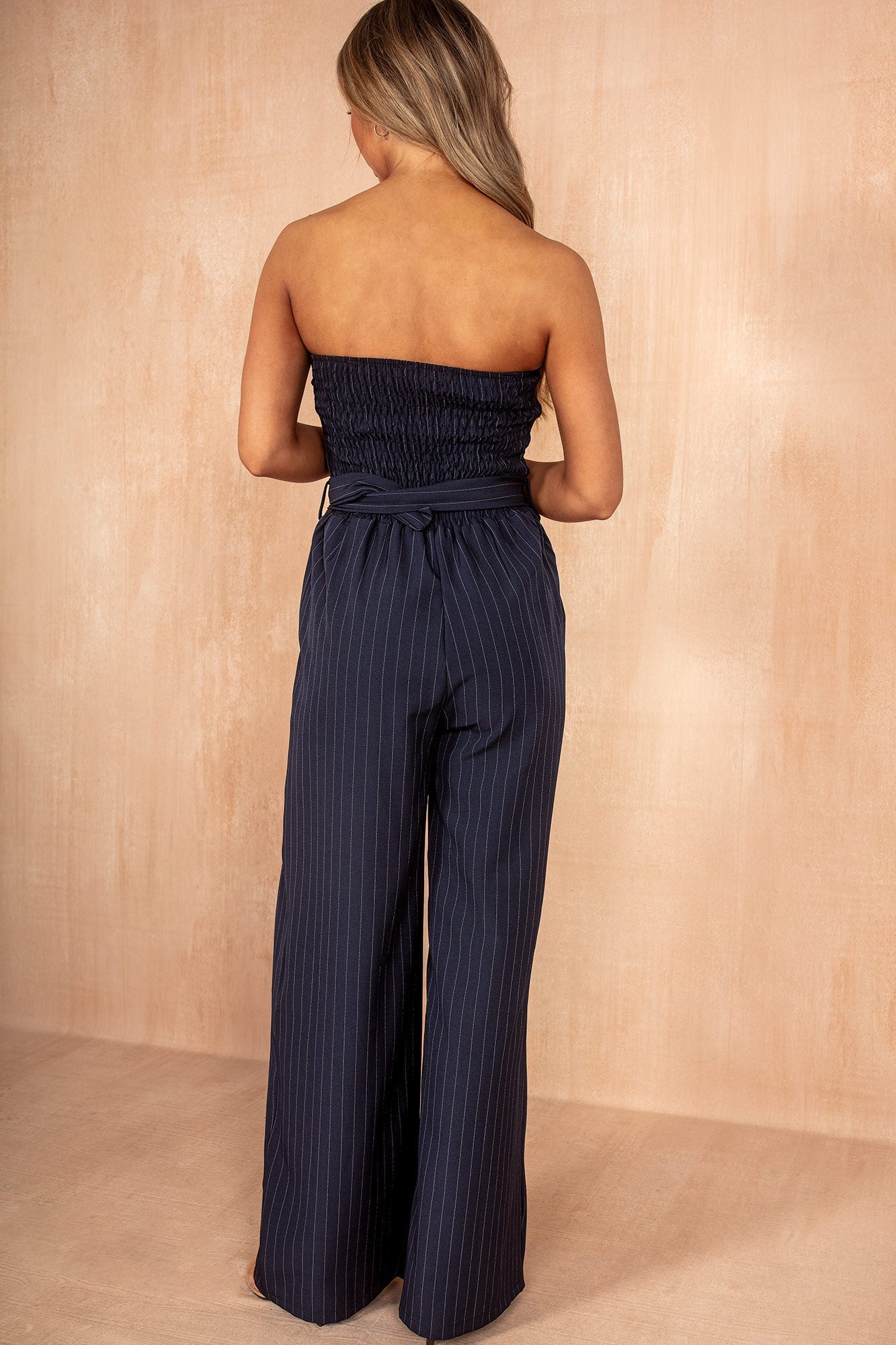Ariya Navy Pinstripe Belted Jumpsuit OMFORT
