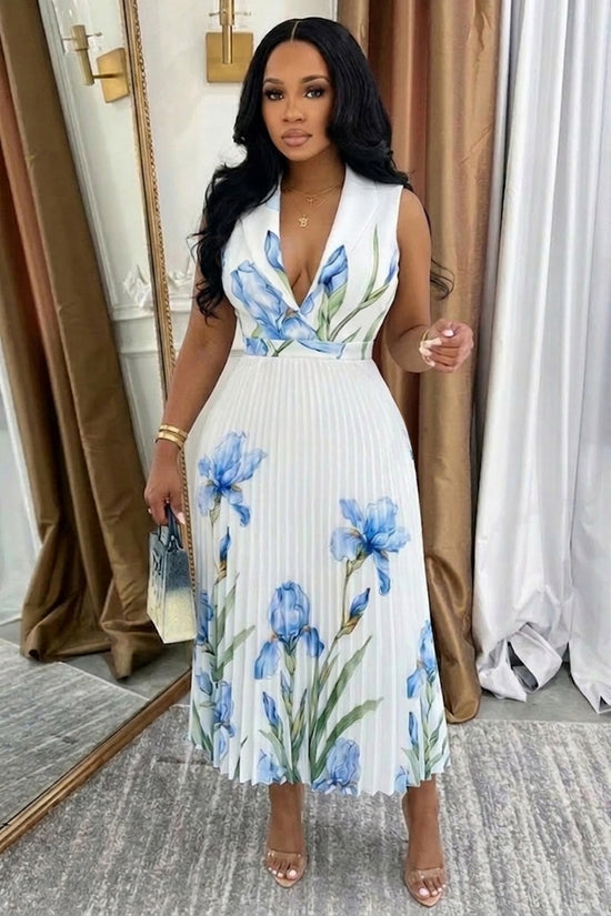 Shawl Collar Sleeveless Floral Pleated Casual Maxi Dresses mysite