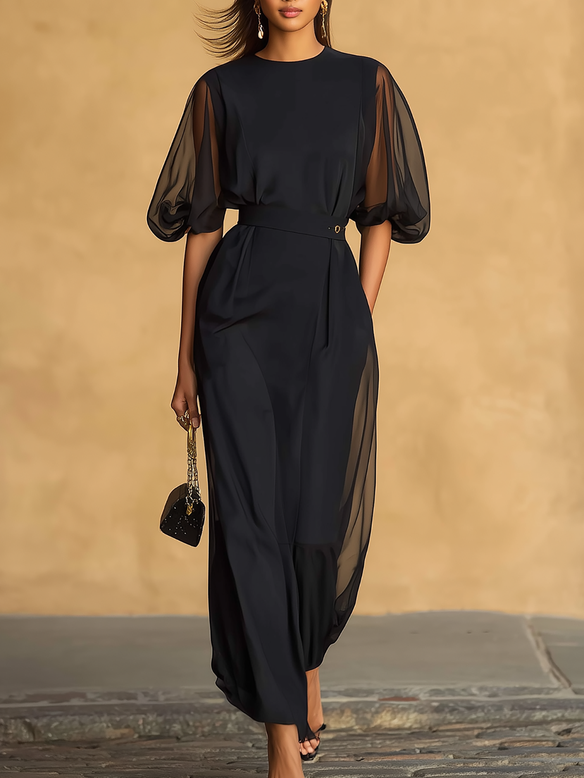 Elegant Two Piece Sheer Sleeve Top And Skirt Set omfort