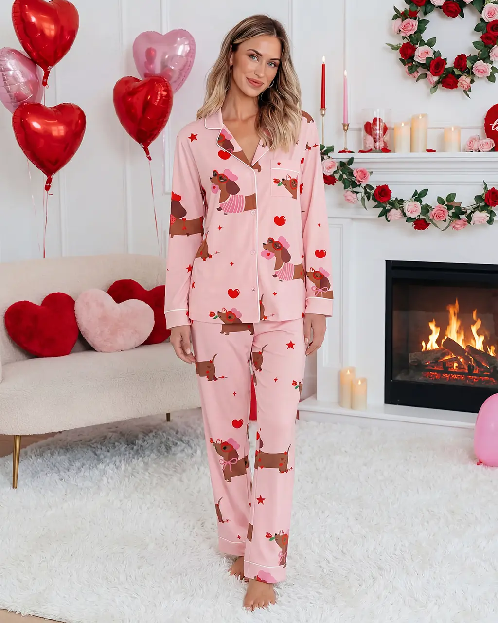 Valentine Dachshund Dog Pattern Pajama Set OMFORT