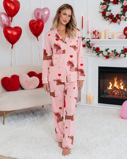 Valentine Dachshund Dog Pattern Pajama Set OMFORT