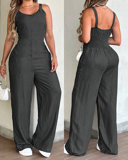 V-Neck Adjustable Thick Straps Denim Overalls Casual Shirred Back Wide Leg Suspender Jumpsuit mysite