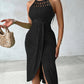 Halter Tie Criss Cross Front Knit Jacquard Textured Slit Dress Casual Hollow-out Draped Vacation Dress Omfort