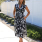 Black and White Floral Print Smocked Midi Dress OMFORT