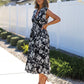 Black and White Floral Print Smocked Midi Dress OMFORT