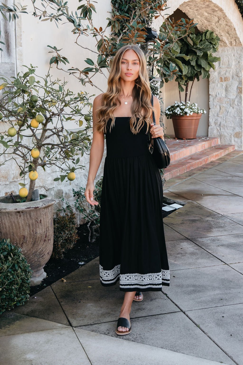 Black Strapless Embroidered Midi Dress OMFORT