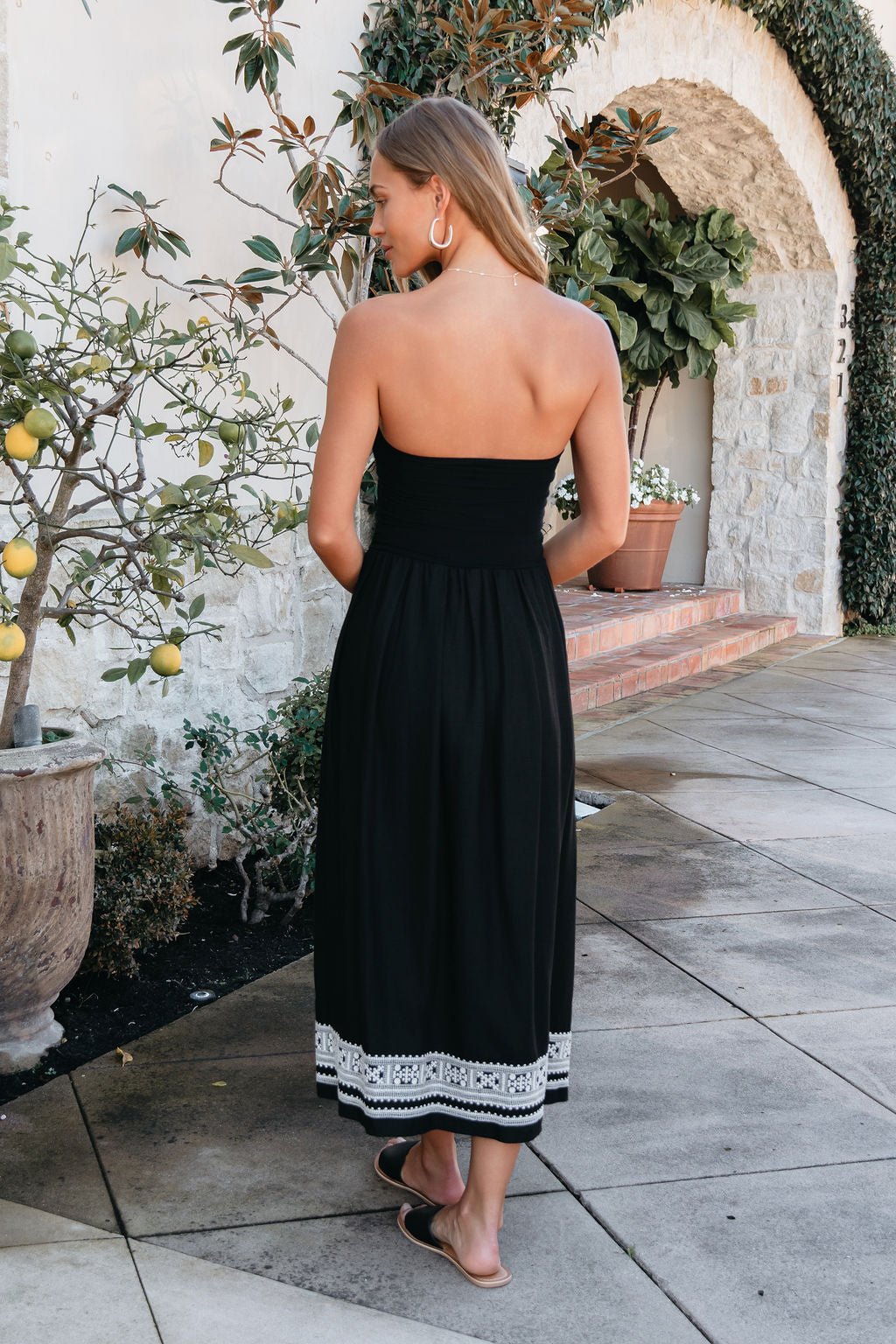 Black Strapless Embroidered Midi Dress OMFORT