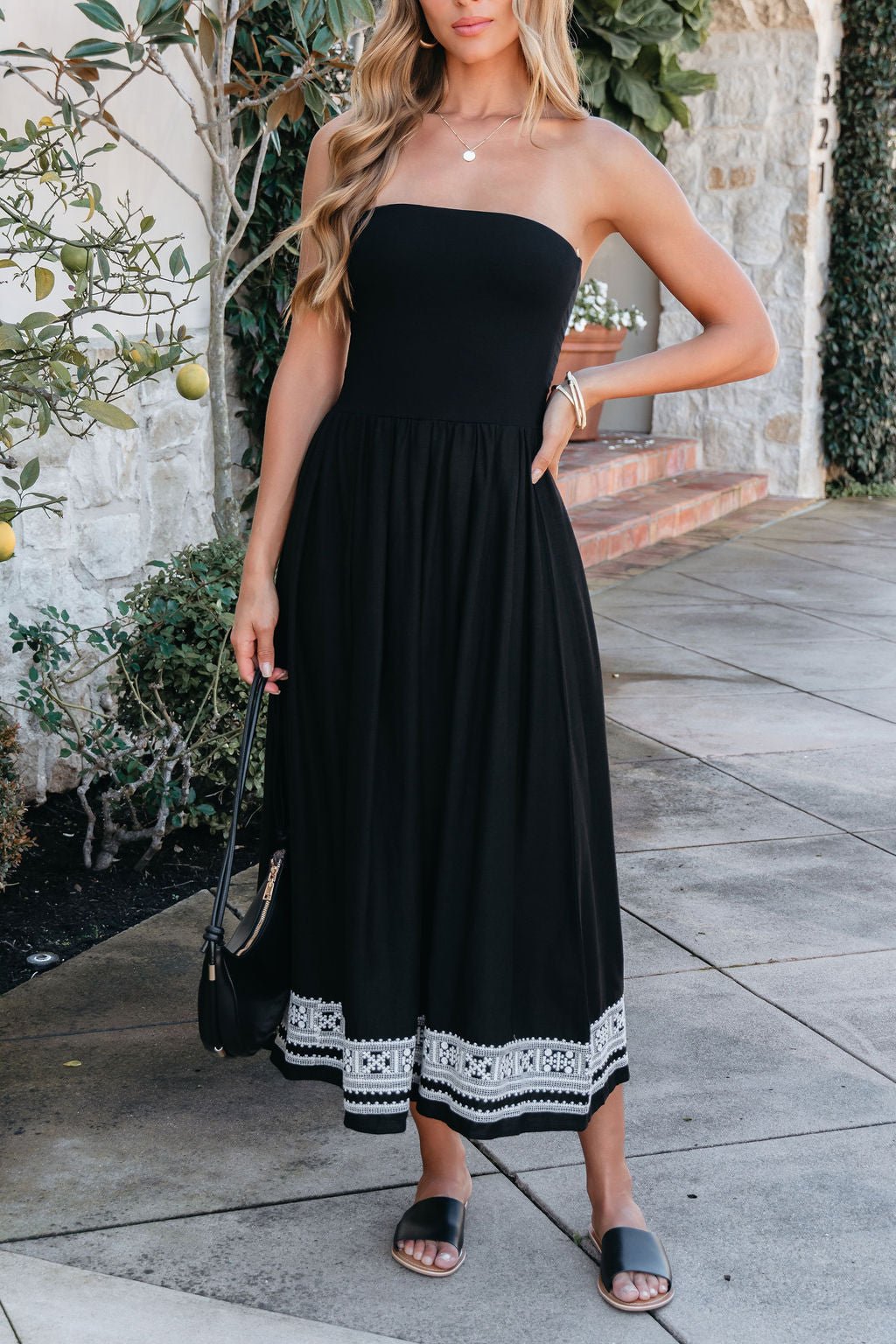 Black Strapless Embroidered Midi Dress OMFORT