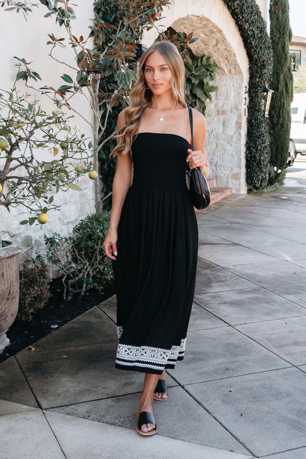 Black Strapless Embroidered Midi Dress OMFORT