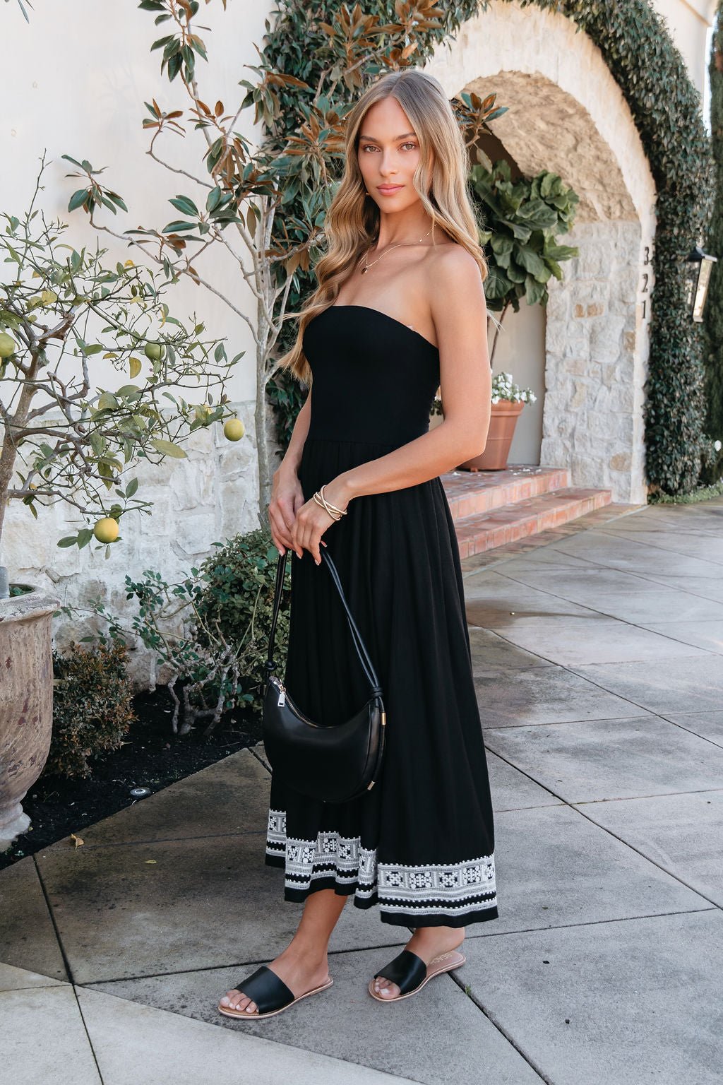 Black Strapless Embroidered Midi Dress OMFORT