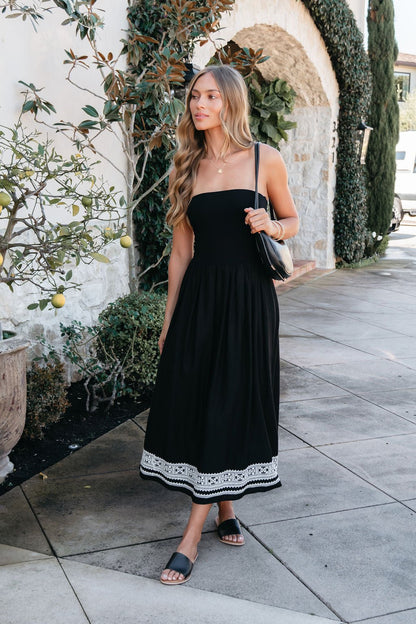 Black Strapless Embroidered Midi Dress OMFORT