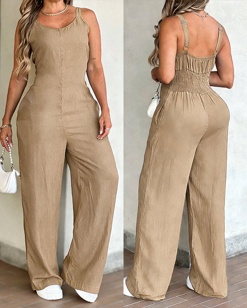 V-Neck Adjustable Thick Straps Denim Overalls Casual Shirred Back Wide Leg Suspender Jumpsuit mysite