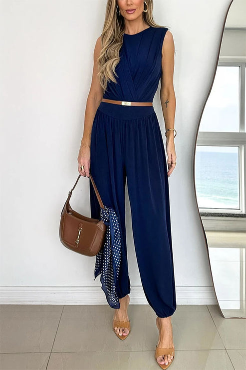 Athena Ruched Drape Neck Bodysuit and High Rise Elastic Waist Lantern Pants Set OMFORT