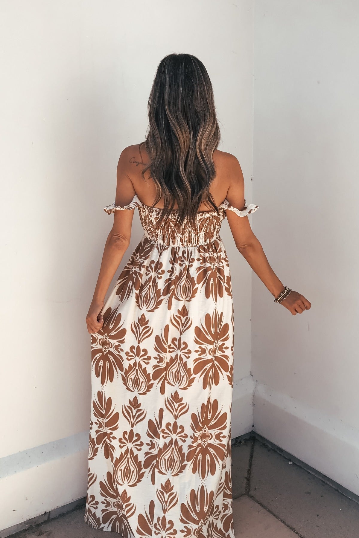 Calista Print Off The Shoulder Maxi Dress - Taupe OMFORT