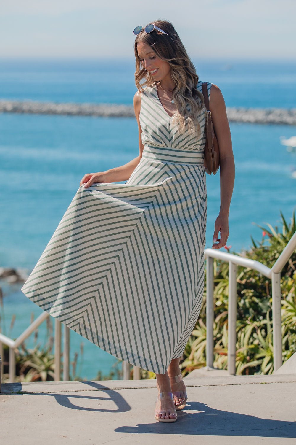 Coastline Striped Midi Dress - Green OMFORT