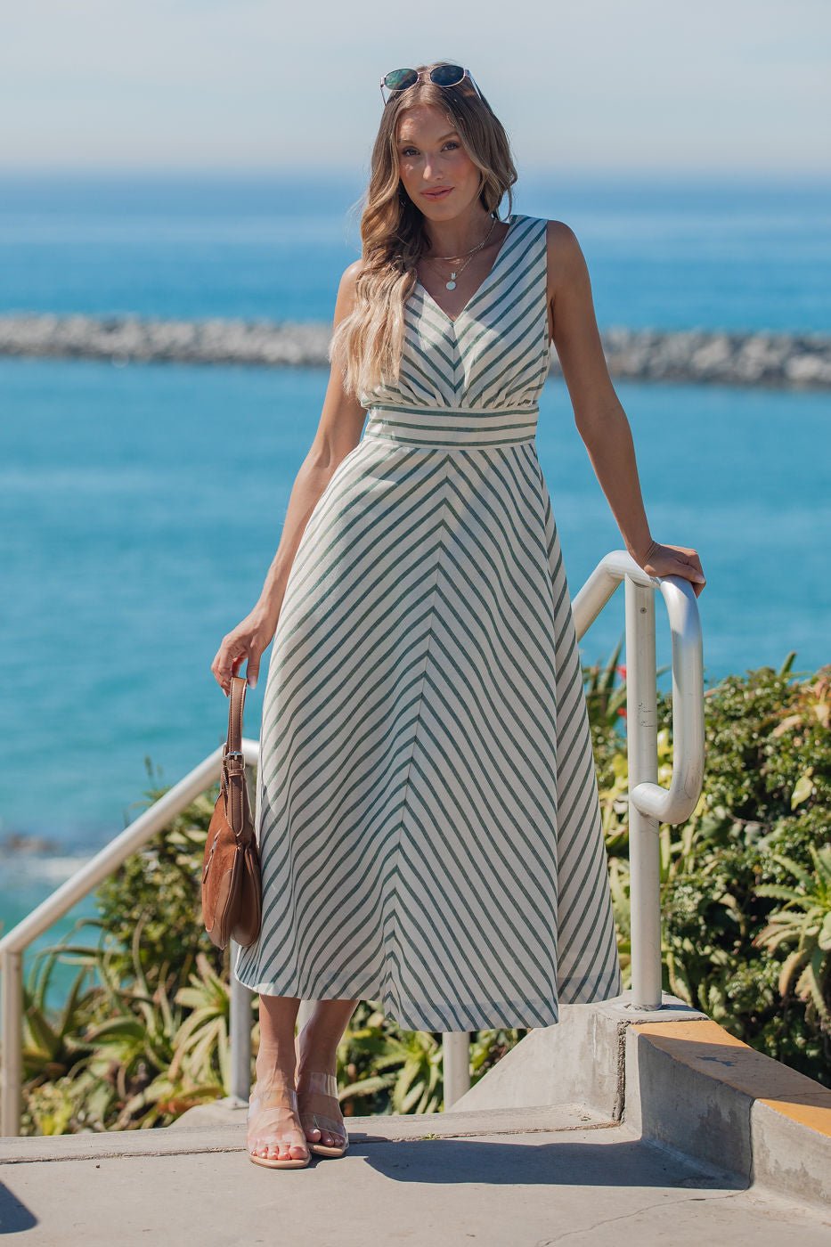 Coastline Striped Midi Dress - Green OMFORT