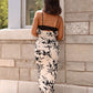 Cream and Black Print Built-in-Bra Midi Dress OMFORT