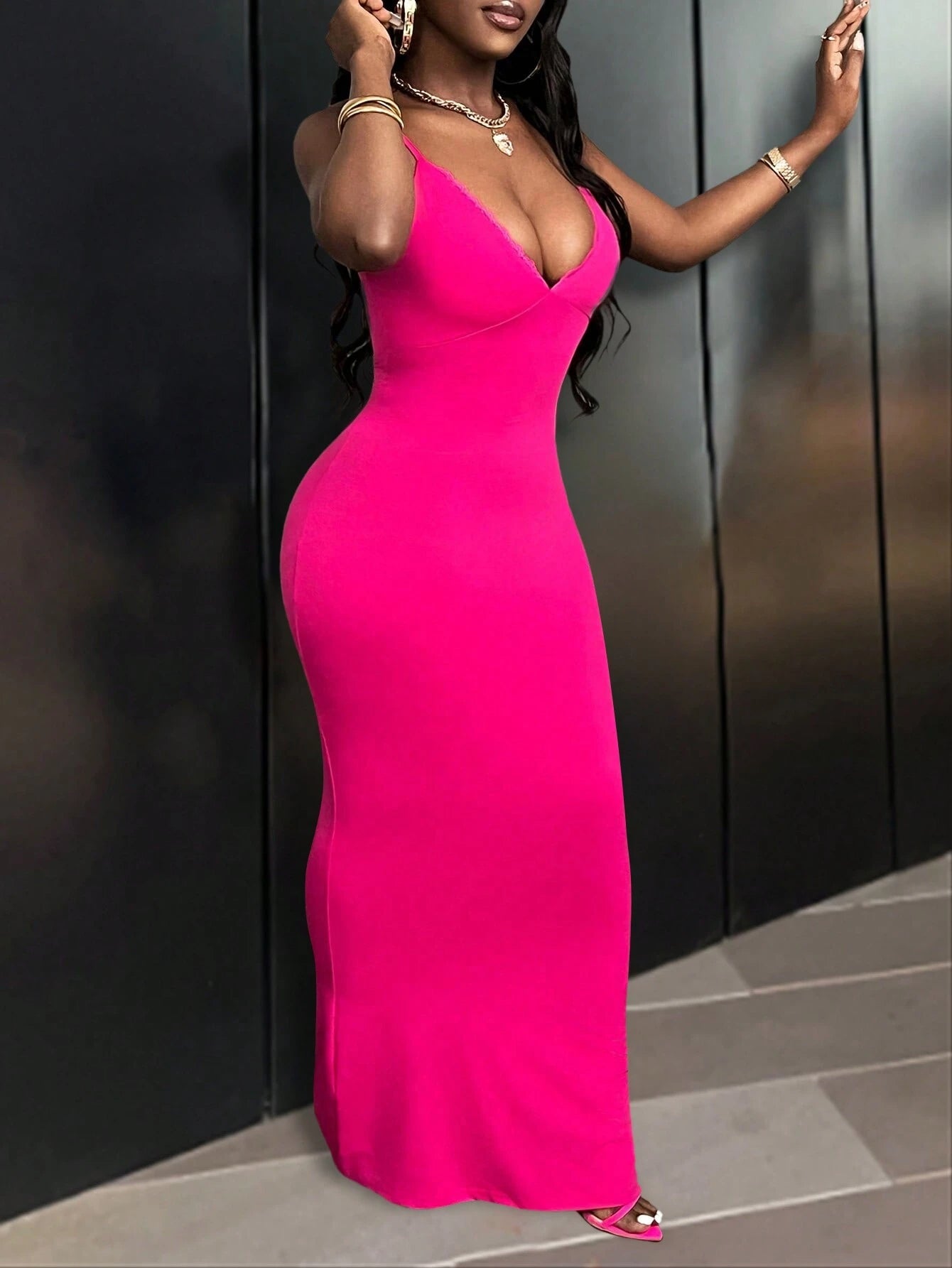 Deep V-Neck Spaghetti Strap Bodycon Maxi Dress OMFORT