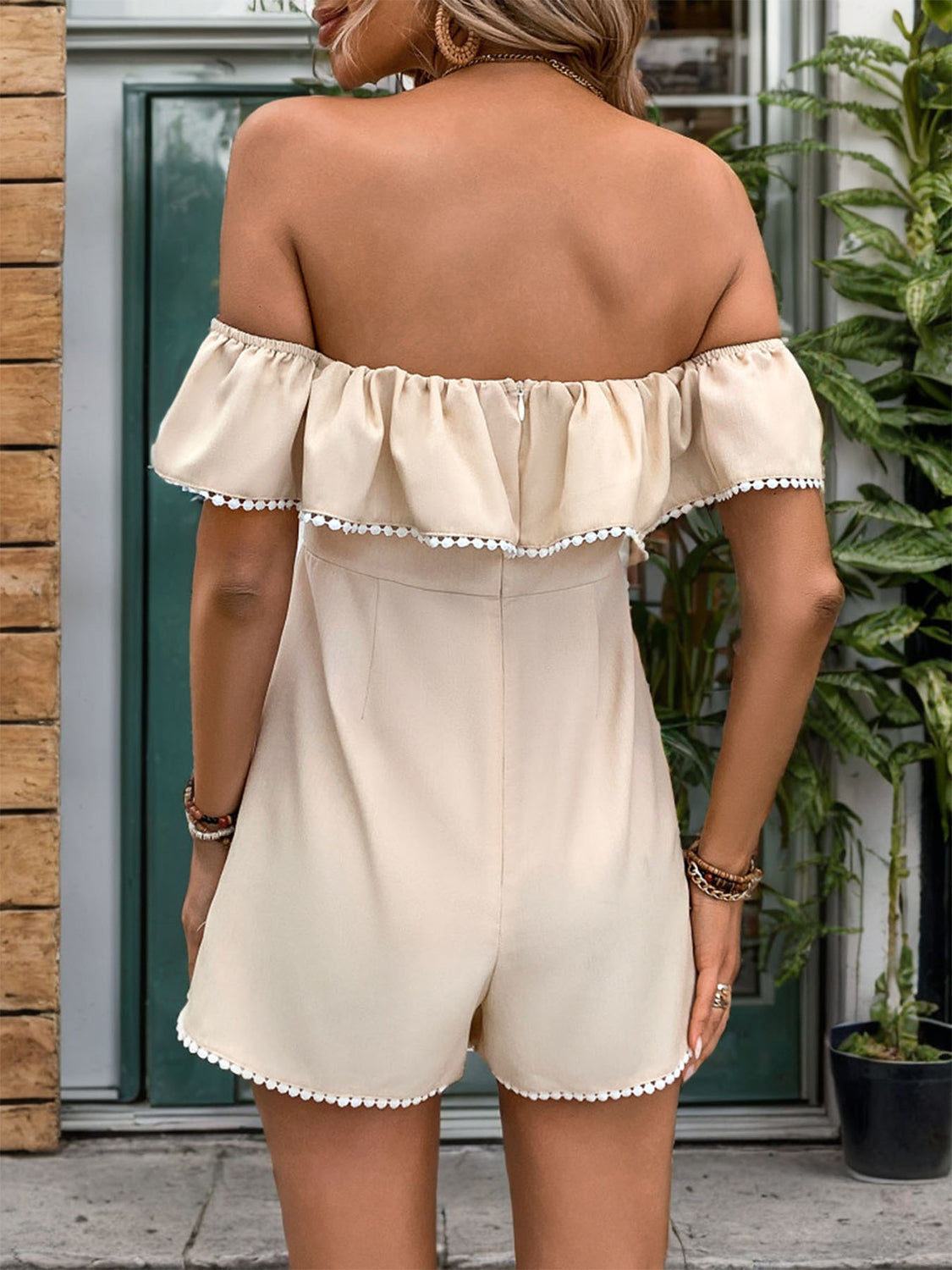Tied Ruffled Off-Shoulder Short Sleeve Romper OMFORT