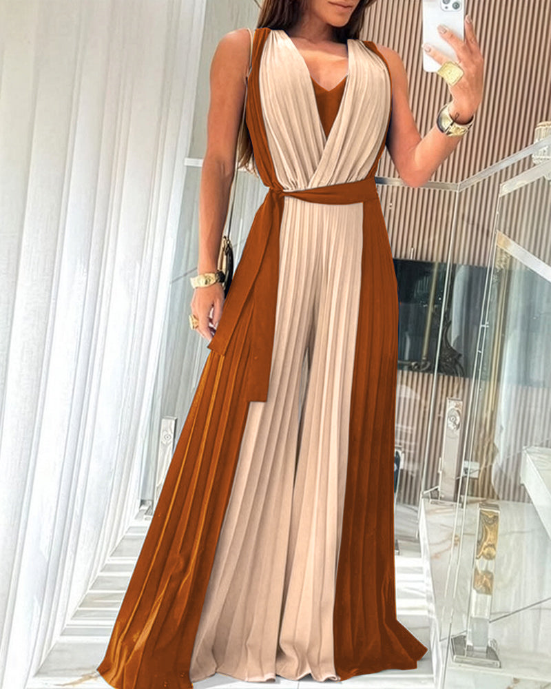 Colorblock Sleeveless Criss Cross Plunge V Neck Jumpsuit Casual Waist Tied Detail Pleated Romper OMFORT