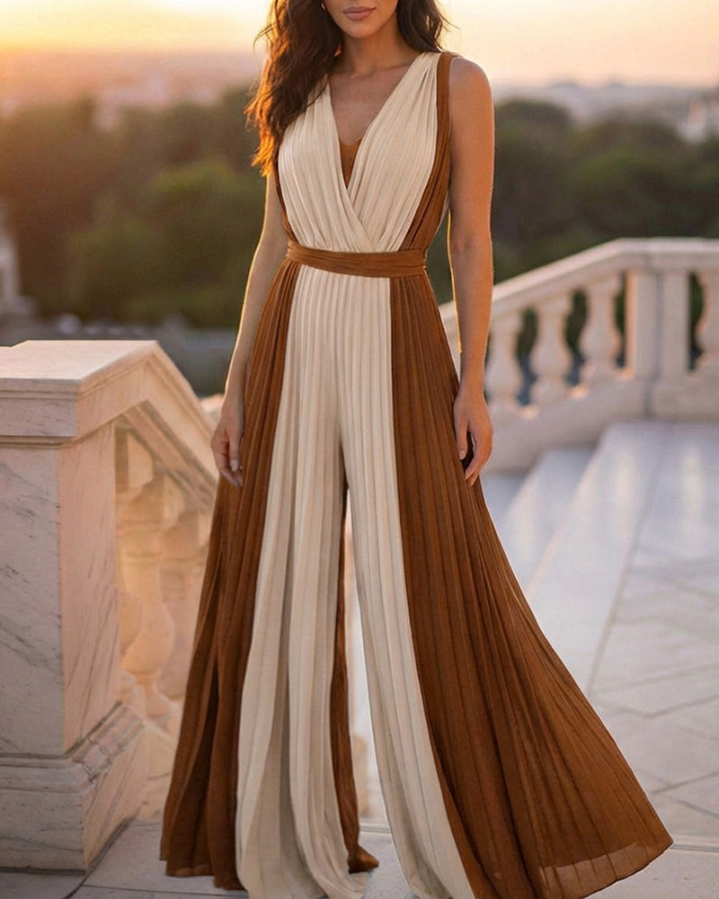 Colorblock Sleeveless Criss Cross Plunge V Neck Jumpsuit Casual Waist Tied Detail Pleated Romper OMFORT
