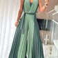 Colorblock Sleeveless Criss Cross Plunge V Neck Jumpsuit Casual Waist Tied Detail Pleated Romper OMFORT