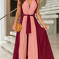 Colorblock Sleeveless Criss Cross Plunge V Neck Jumpsuit Casual Waist Tied Detail Pleated Romper OMFORT