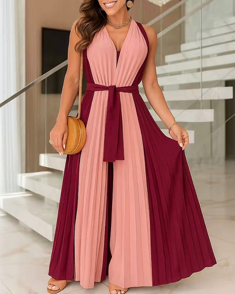 Colorblock Sleeveless Criss Cross Plunge V Neck Jumpsuit Casual Waist Tied Detail Pleated Romper OMFORT