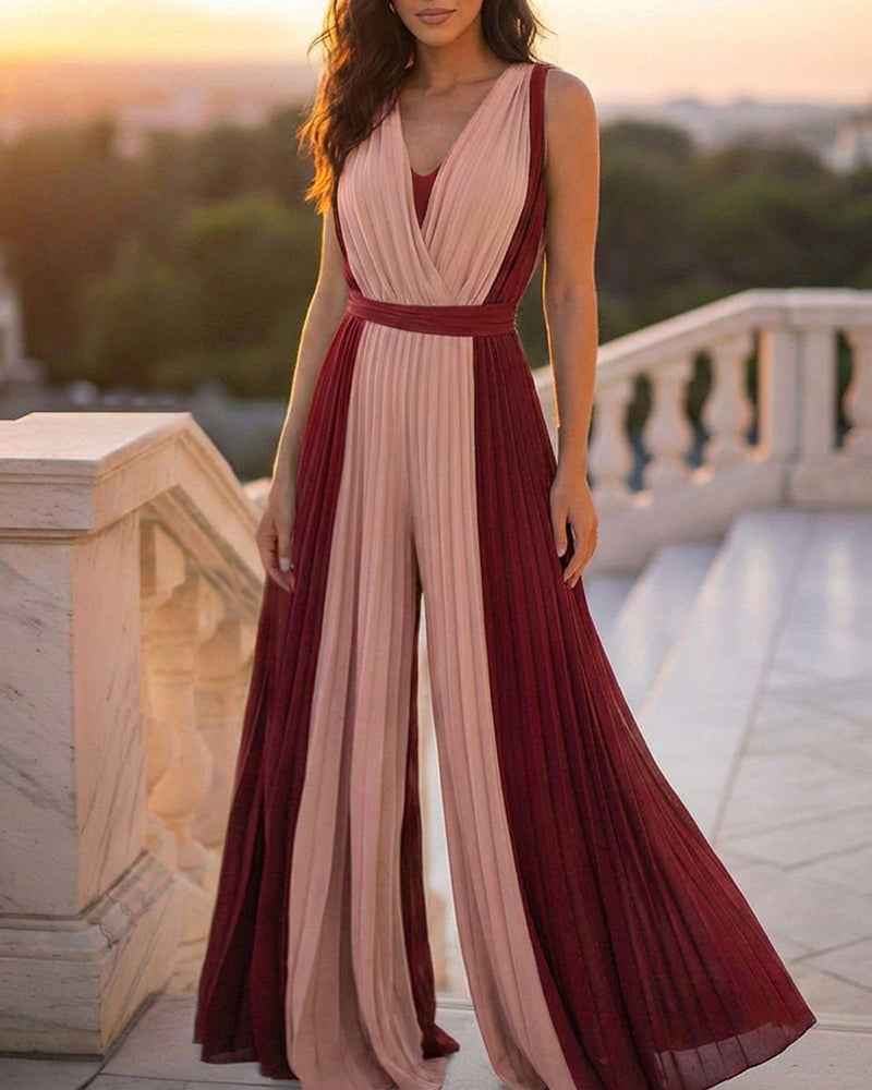 Colorblock Sleeveless Criss Cross Plunge V Neck Jumpsuit Casual Waist Tied Detail Pleated Romper OMFORT