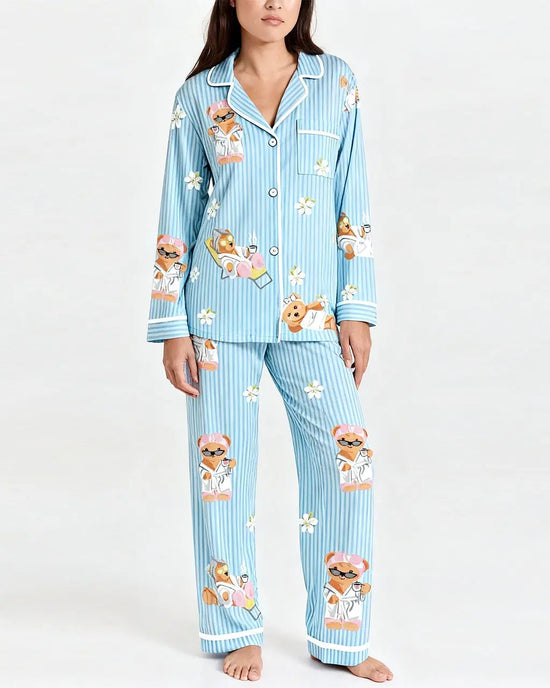 Bear Stripe Print Pajama Set OMFORT