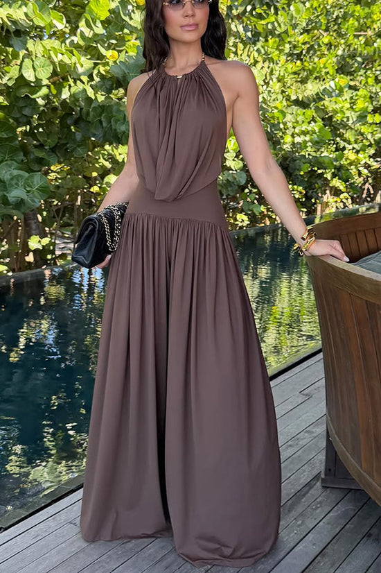 Lightweight Chic Metal Ring Drape Cowl Halter Neck Bodysuit and Elastic Waist Wide Leg Pants Set OMFORT