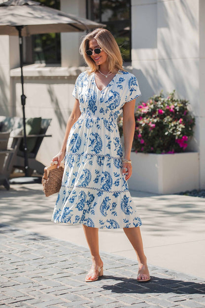 Easton Blue Print Smock Tiered Midi Dress OMFORT